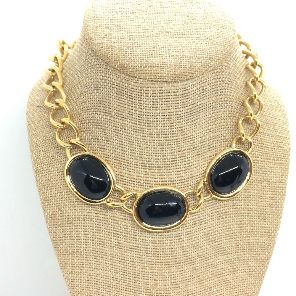 VINTAGE NAPIER NECKLACE Black Cabochon Gold Tone Chunky Choker